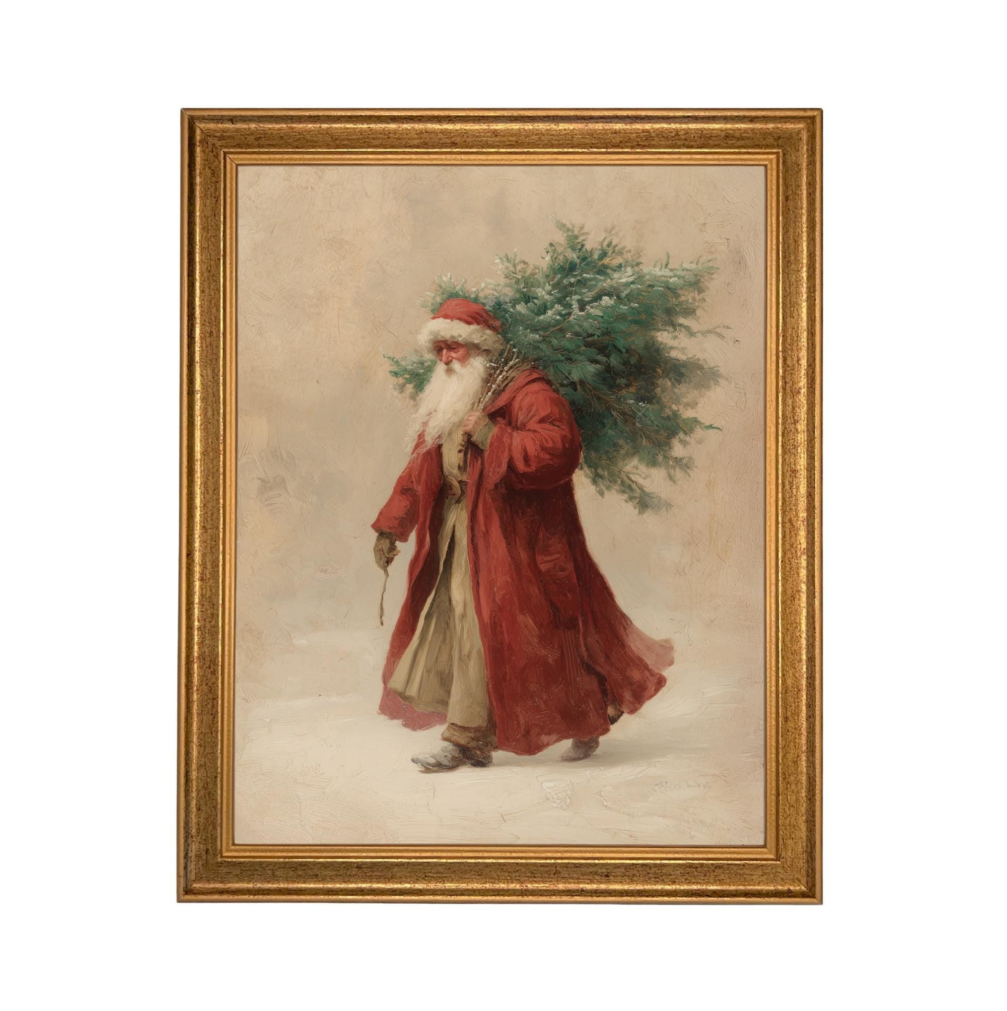 Framed Vintage Santa Christmas Canvas Print: Farmhouse Winter Art Print #CH-334