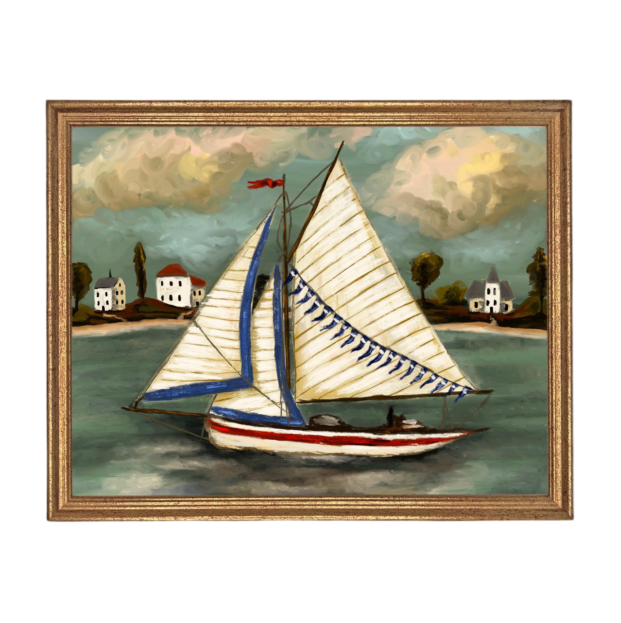 Framed Vintage Sailboat Canvas Print: Coastal Beach House Decor #COAS-208
