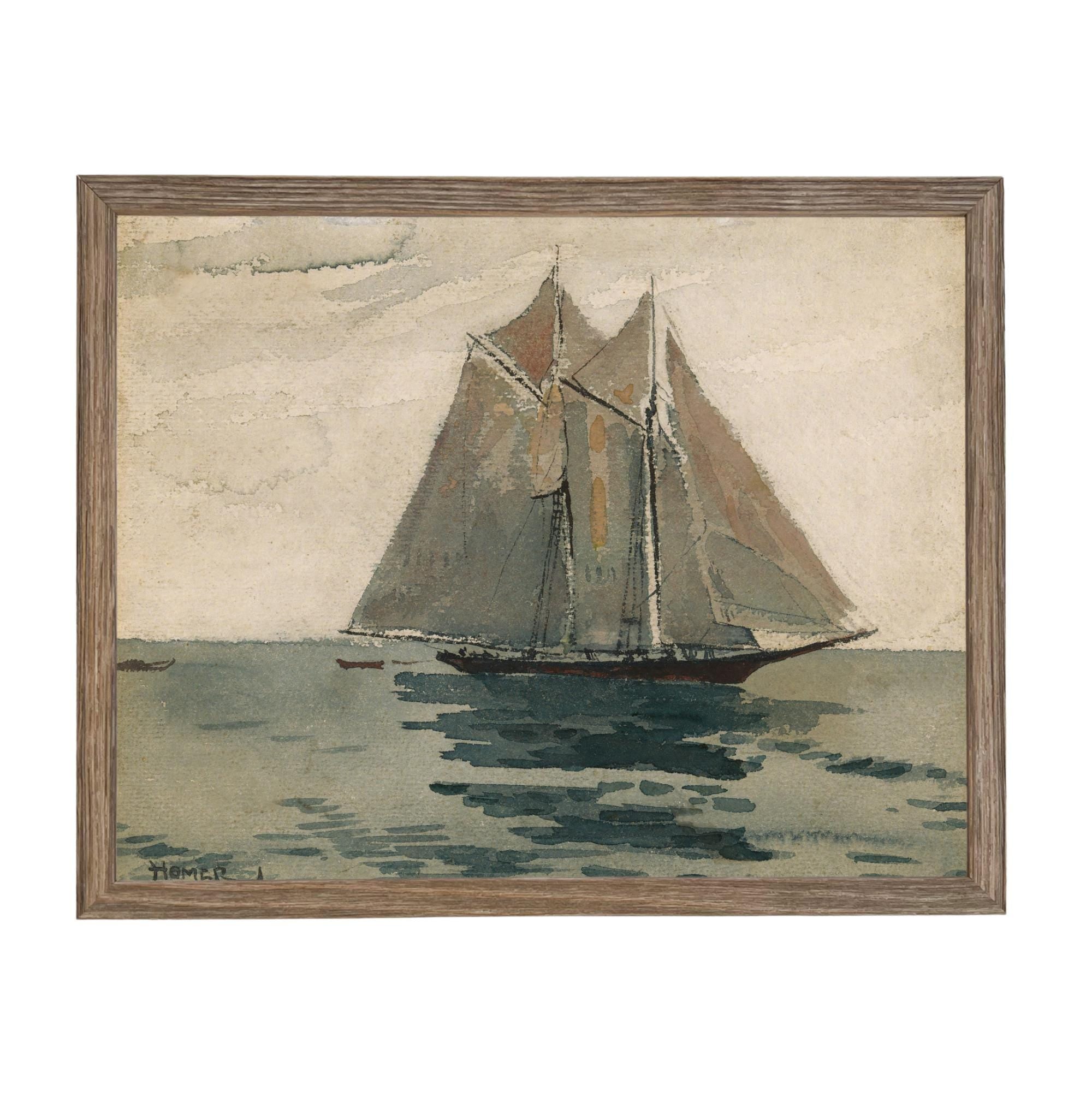 Framed Vintage Coastal Seascape Canvas Print: Sailboat Art, Beach House Decor #COAS-210