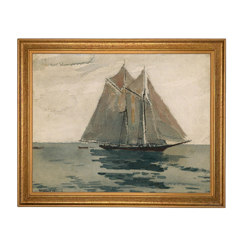 Framed Vintage Coastal Seascape Canvas Print: Sailboat Art, Beach House Decor #COAS-210