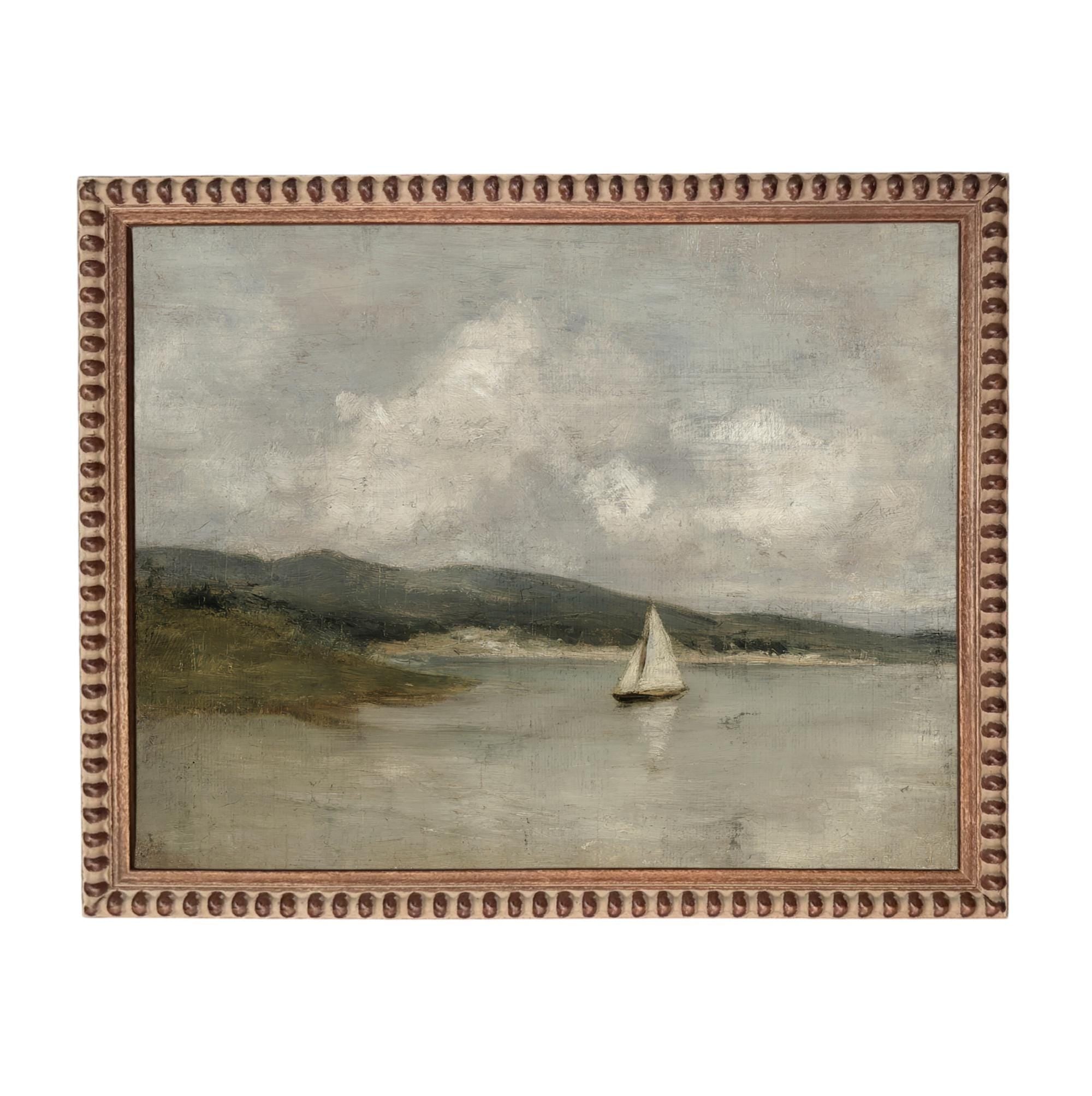 Vintage Framed Nautical Coastal Seascape Canvas Print: Sailboat Art, Beach House Decor #COAS-211
