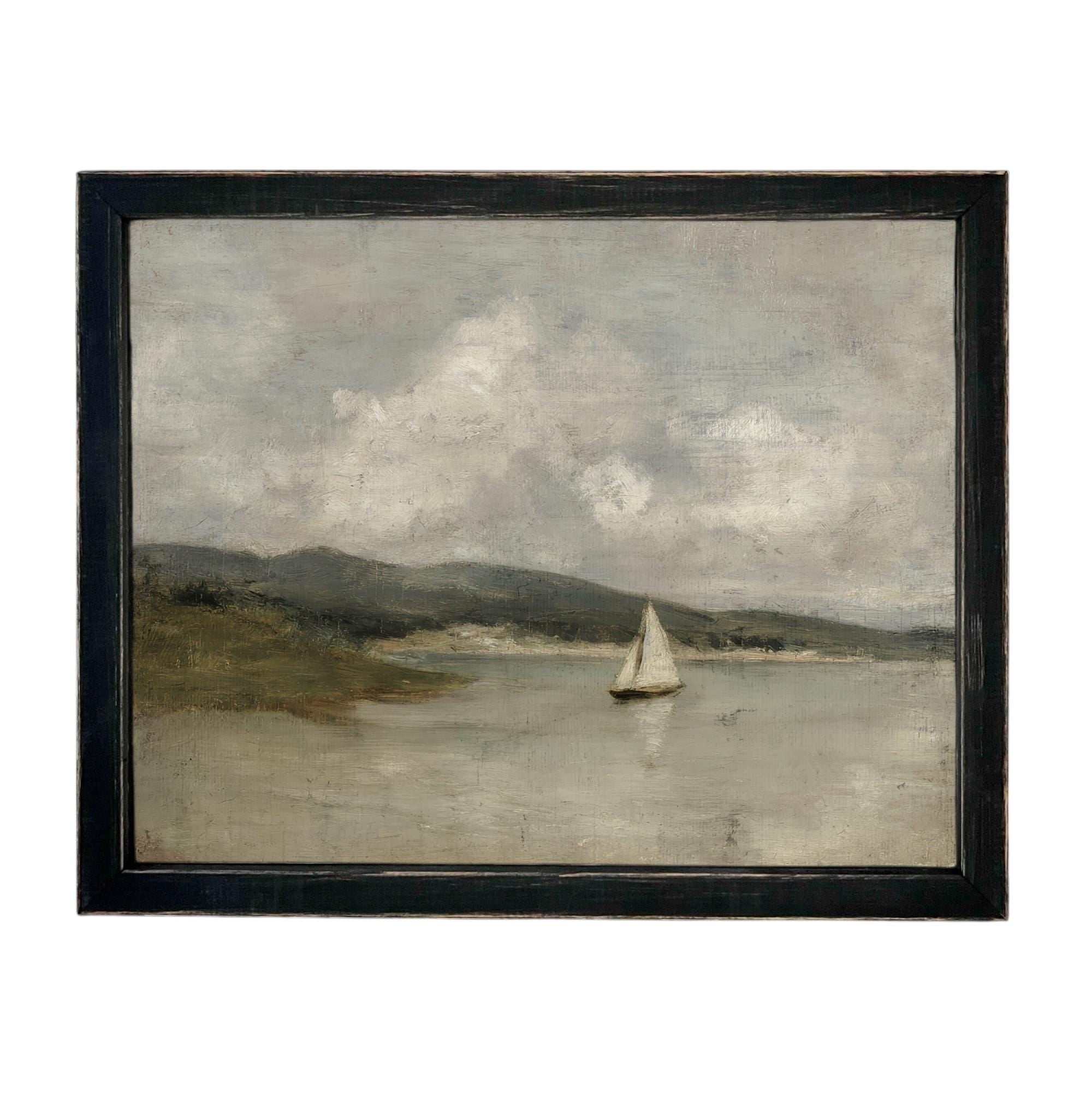 Vintage Framed Nautical Coastal Seascape Canvas Print: Sailboat Art, Beach House Decor #COAS-211