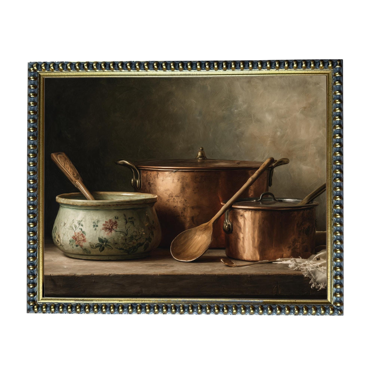 Framed Vintage Copper Pots Pottery Still Life Canvas Print: Farmhouse Kitchen Art #ST-642
