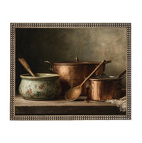 Framed Vintage Copper Pots Pottery Still Life Canvas Print: Farmhouse Kitchen Art #ST-642