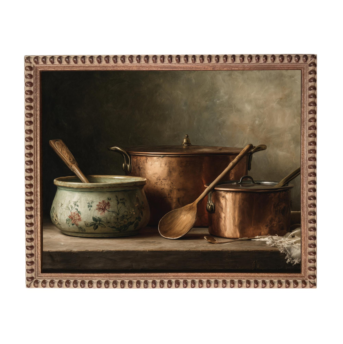 Framed Vintage Copper Pots Pottery Still Life Canvas Print: Farmhouse Kitchen Art #ST-642