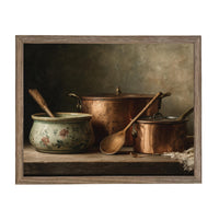 Framed Vintage Copper Pots Pottery Still Life Canvas Print: Farmhouse Kitchen Art #ST-642