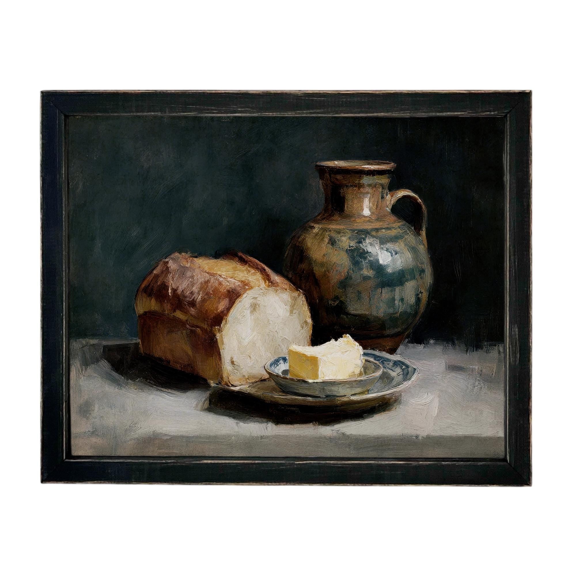 Framed Vintage Pottery and Bread Still Life Painting, Farmhouse Kitchen Canvas Print #ST-643