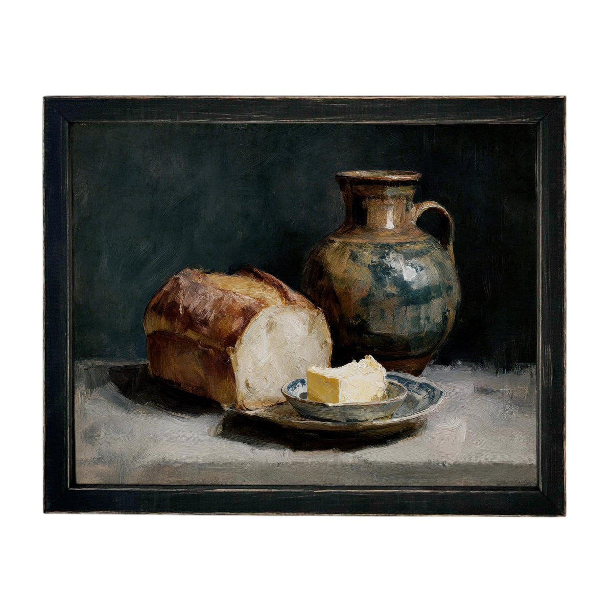 Framed Vintage Pottery and Bread Still Life Painting, Farmhouse Kitchen Canvas Print #ST-643