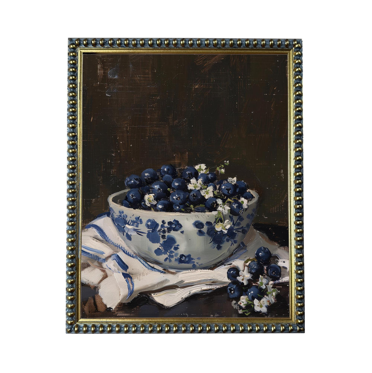 Vintage Framed Canvas Print: Bowl of Blueberries Still Life, Farmhouse Kitchen Art #ST-646