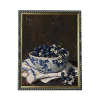 Vintage Framed Canvas Print: Bowl of Blueberries Still Life, Farmhouse Kitchen Art #ST-646