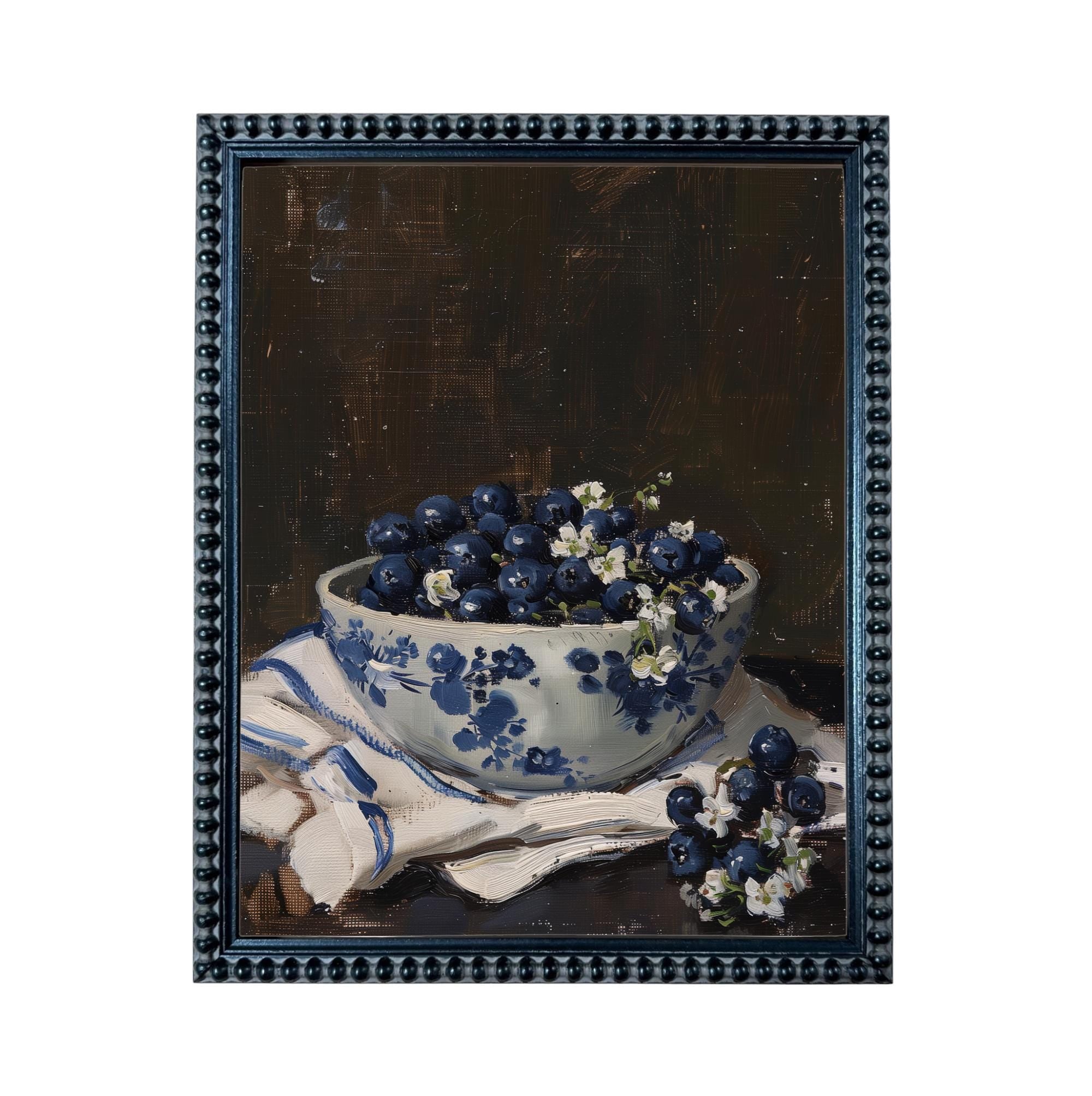 Vintage Framed Canvas Print: Bowl of Blueberries Still Life, Farmhouse Kitchen Art #ST-646