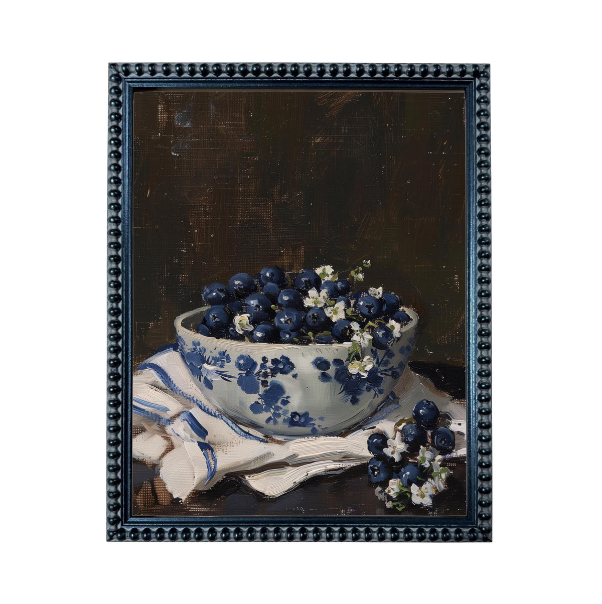 Vintage Framed Canvas Print: Bowl of Blueberries Still Life, Farmhouse Kitchen Art #ST-646