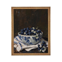 Vintage Framed Canvas Print: Bowl of Blueberries Still Life, Farmhouse Kitchen Art #ST-646