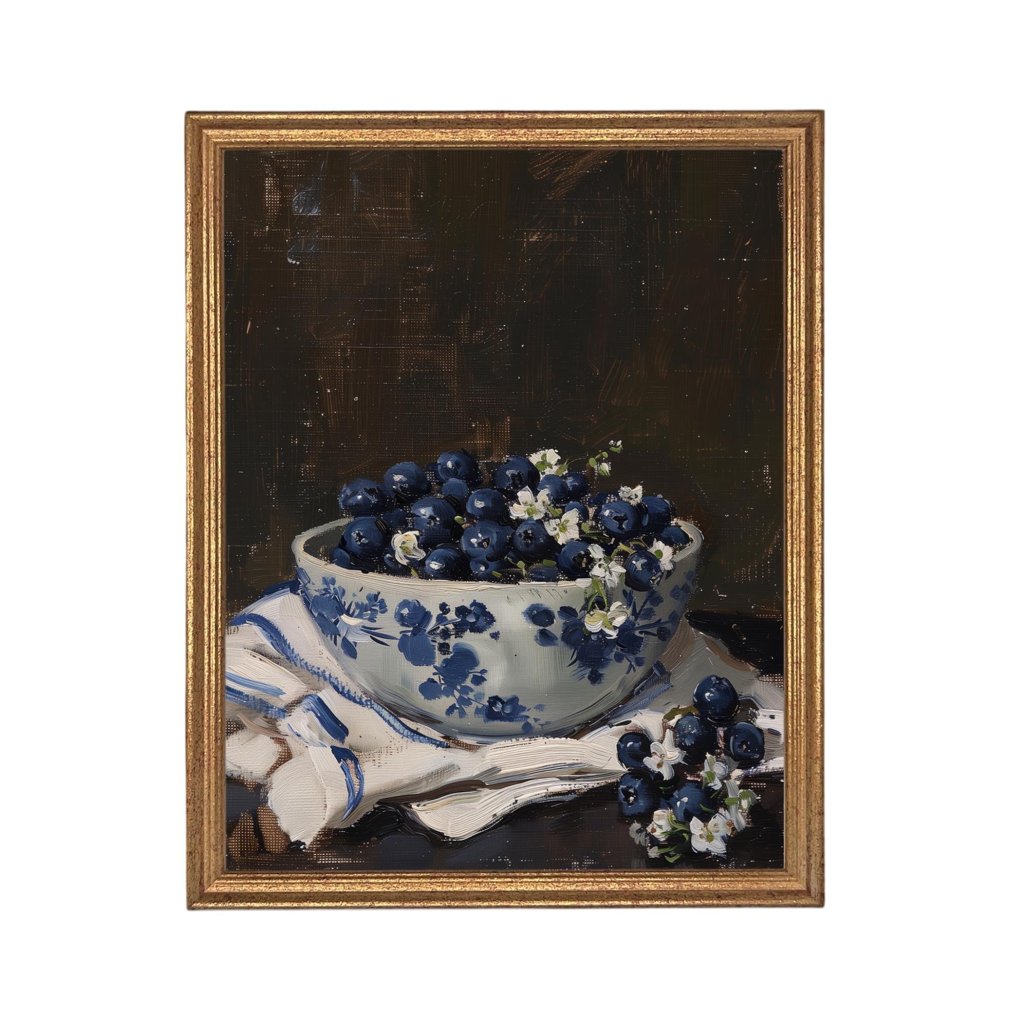 Vintage Framed Canvas Print: Bowl of Blueberries Still Life, Farmhouse Kitchen Art #ST-646