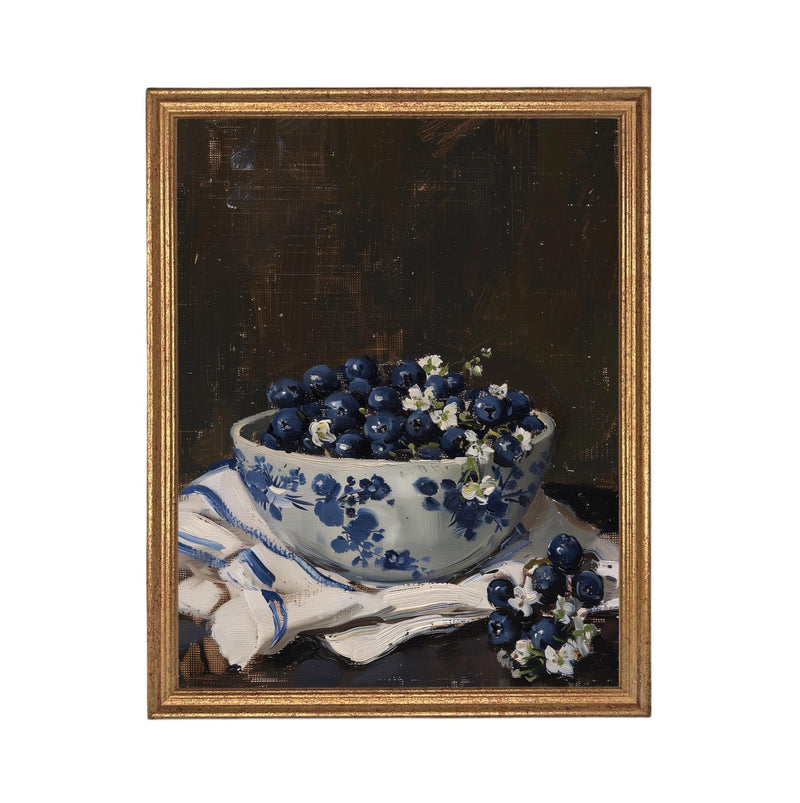 Vintage Framed Canvas Print: Bowl of Blueberries Still Life, Farmhouse Kitchen Art #ST-646