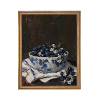 Vintage Framed Canvas Print: Bowl of Blueberries Still Life, Farmhouse Kitchen Art #ST-646