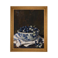 Vintage Framed Canvas Print: Bowl of Blueberries Still Life, Farmhouse Kitchen Art #ST-646