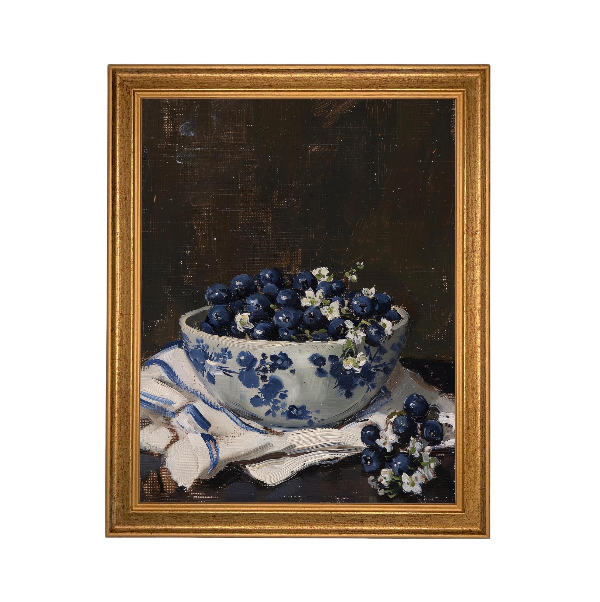 Vintage Framed Canvas Print: Bowl of Blueberries Still Life, Farmhouse Kitchen Art #ST-646