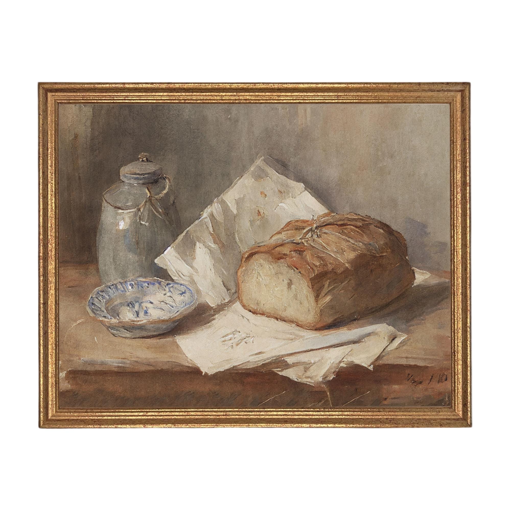 Framed Vintage Pottery and Bread Still Life Painting, Farmhouse Kitchen Canvas Print #ST-648