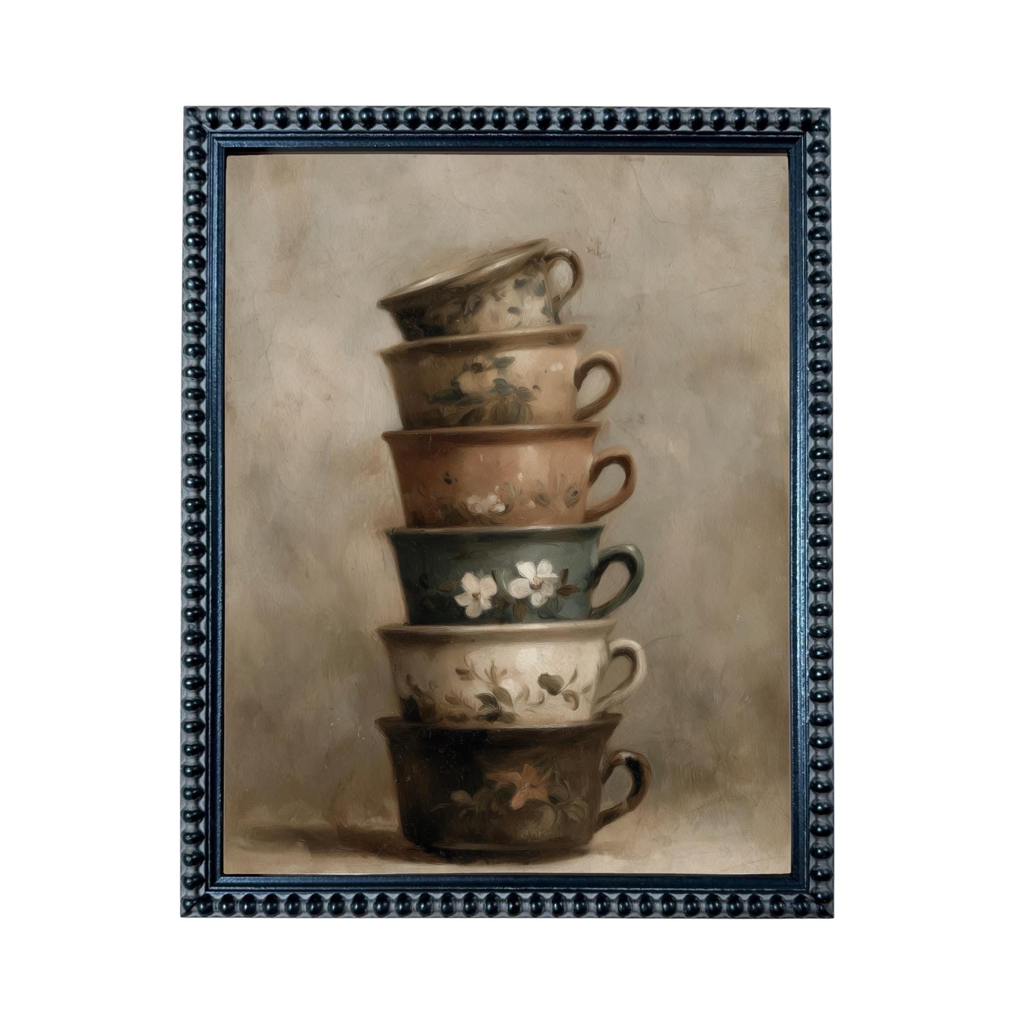 Framed Vintage Kitchen Teacups Pottery Still Life Canvas Print ST-649