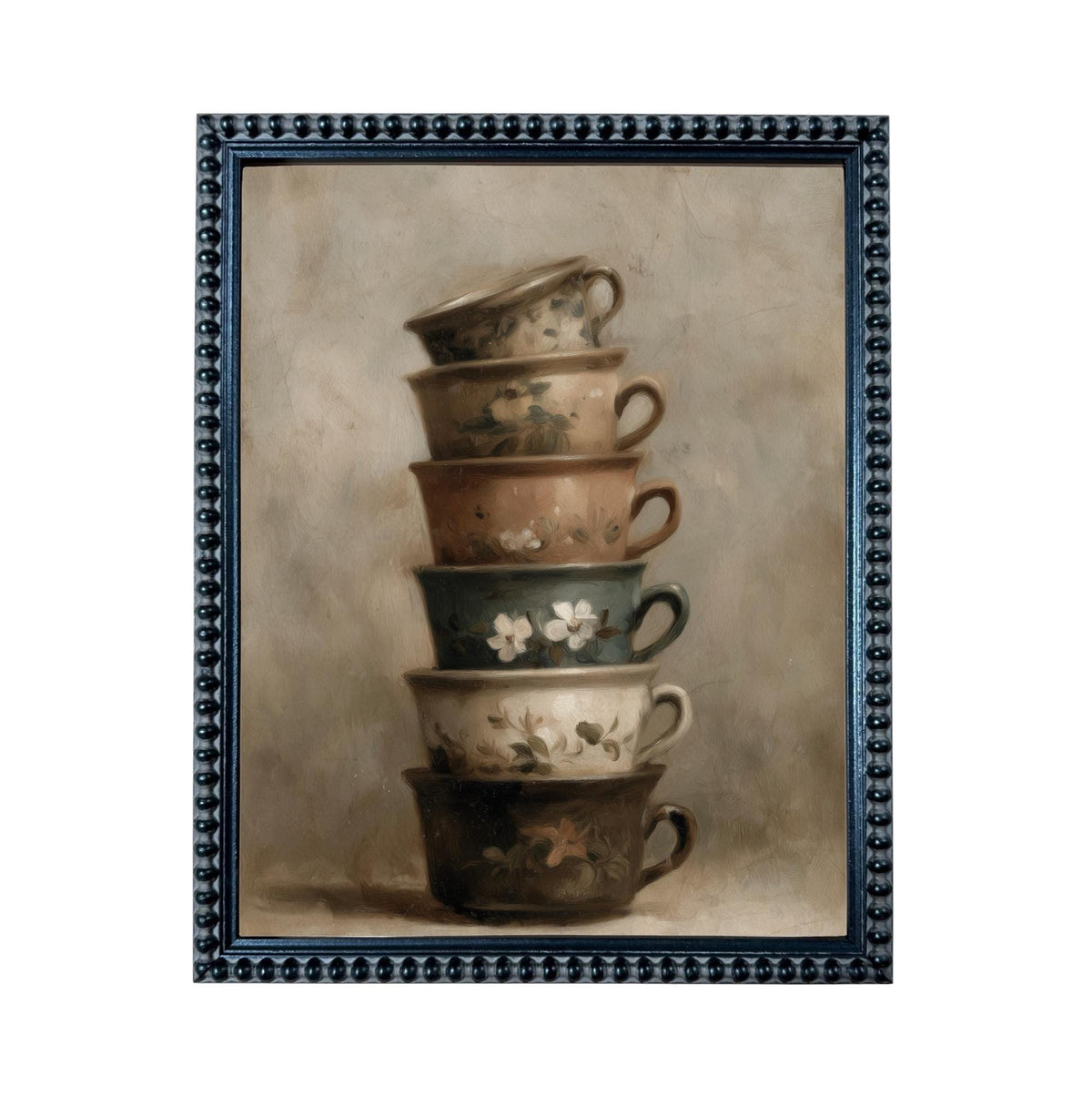Framed Vintage Kitchen Teacups Pottery Still Life Canvas Print #ST-649