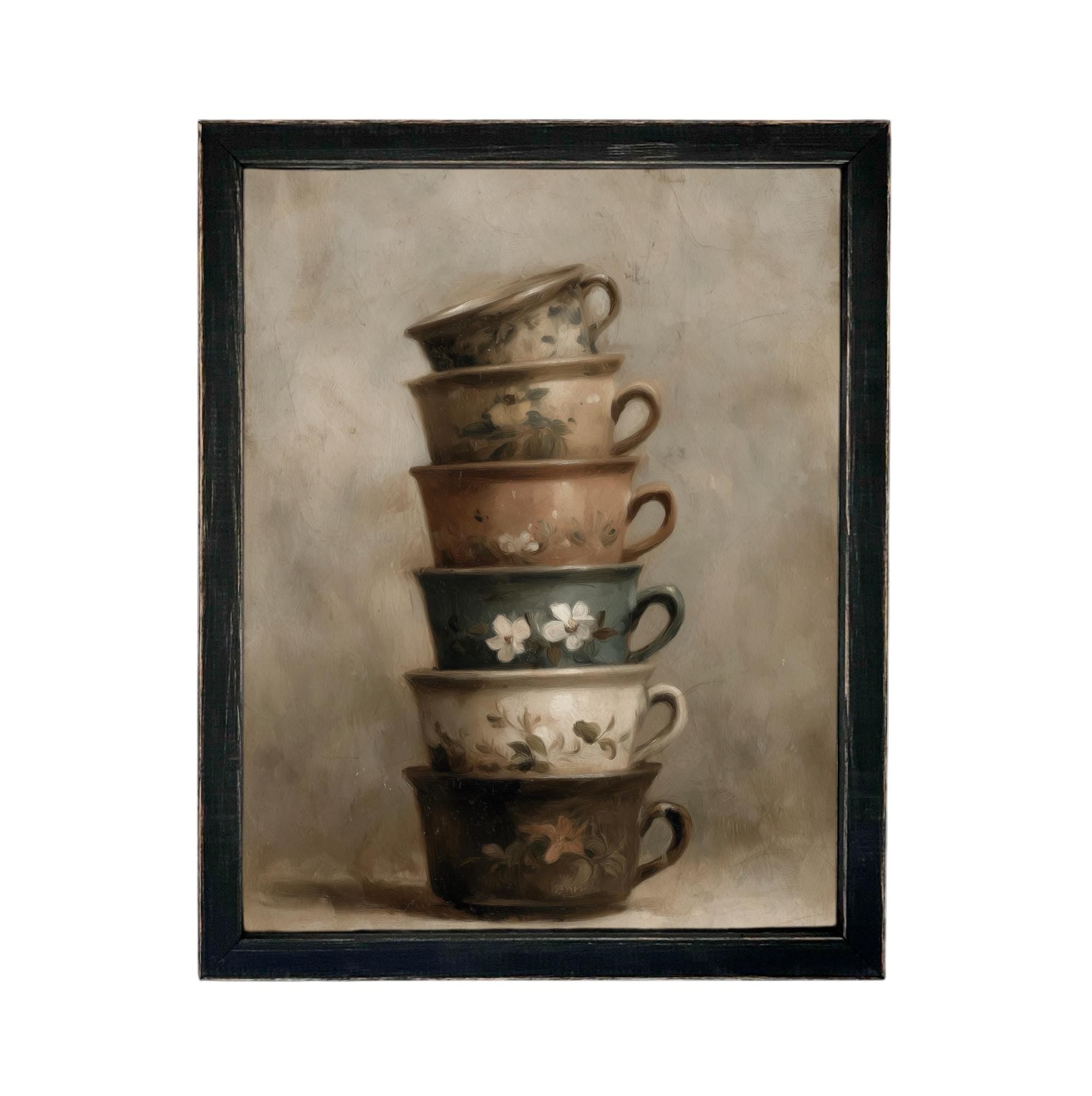 Framed Vintage Kitchen Teacups Pottery Still Life Canvas Print ST-649