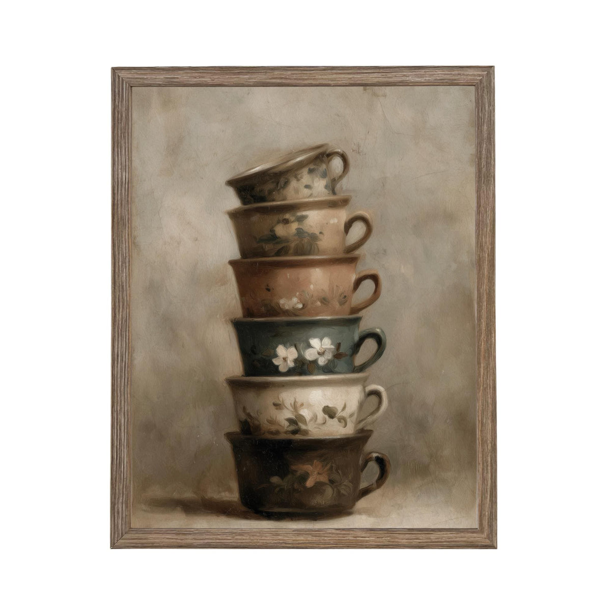 Framed Vintage Kitchen Teacups Pottery Still Life Canvas Print #ST-649