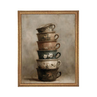 Framed Vintage Kitchen Teacups Pottery Still Life Canvas Print #ST-649