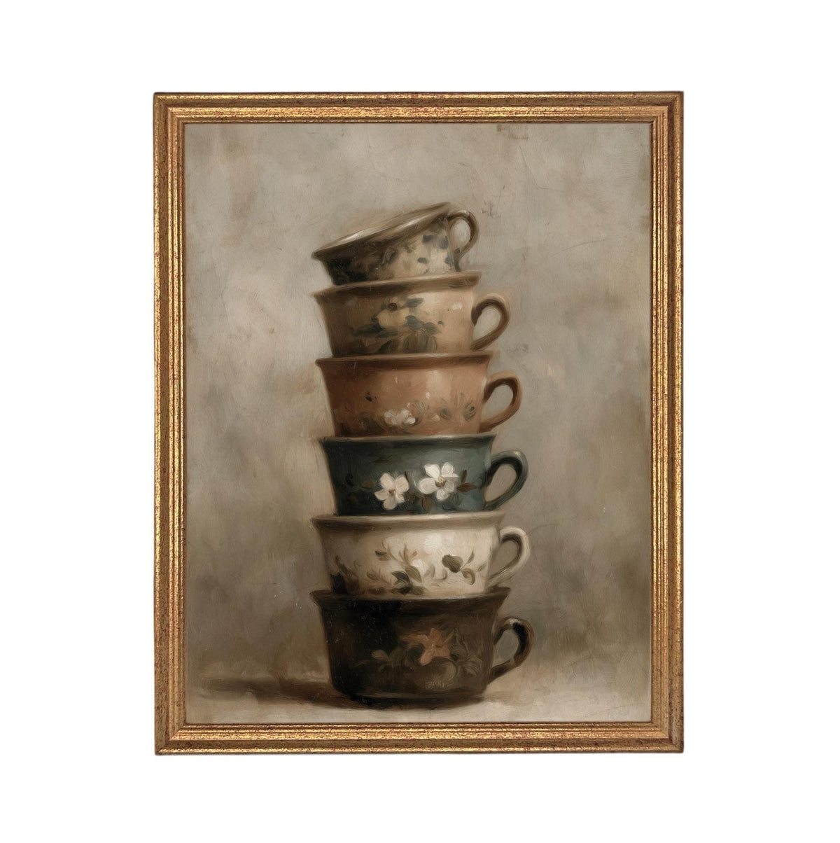 Framed Vintage Kitchen Teacups Pottery Still Life Canvas Print #ST-649