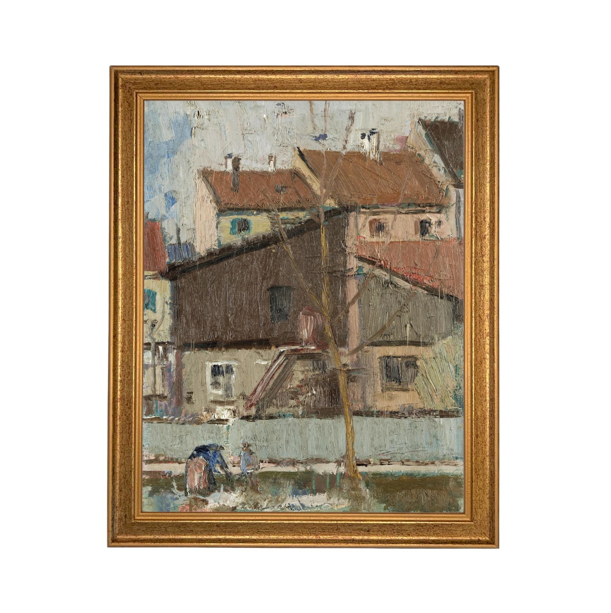 Framed European Cityscape Canvas Art Print: Vintage Farmhouse Decor #ARC-128