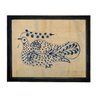 Framed Vintage Blue Floral Folk Bird Canvas Art Print: Vintage Farmhouse Decor #COT-102
