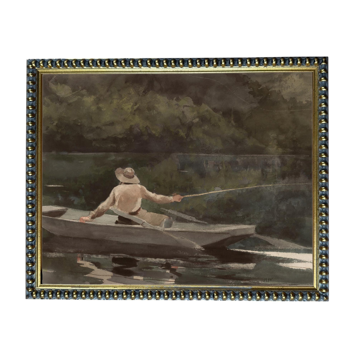 Framed Canvas Fishing Lake Landscape Print: Vintage Cabin Art #CAB-101