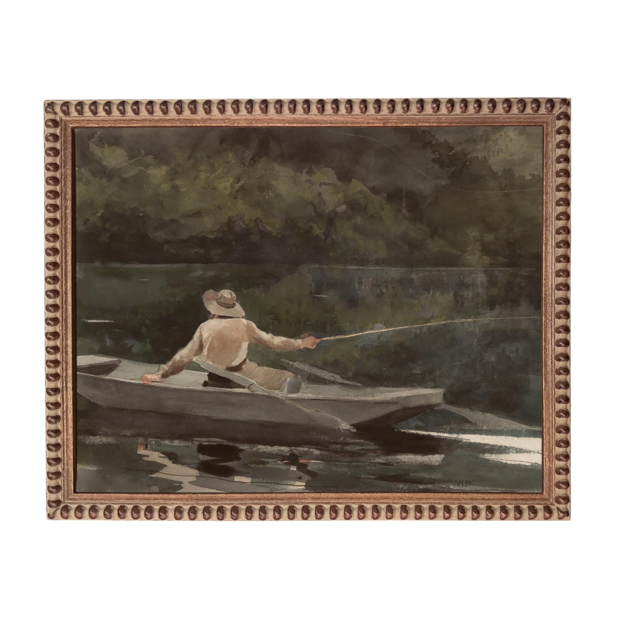 Framed Canvas Fishing Lake Landscape Print: Vintage Cabin Art #CAB-101
