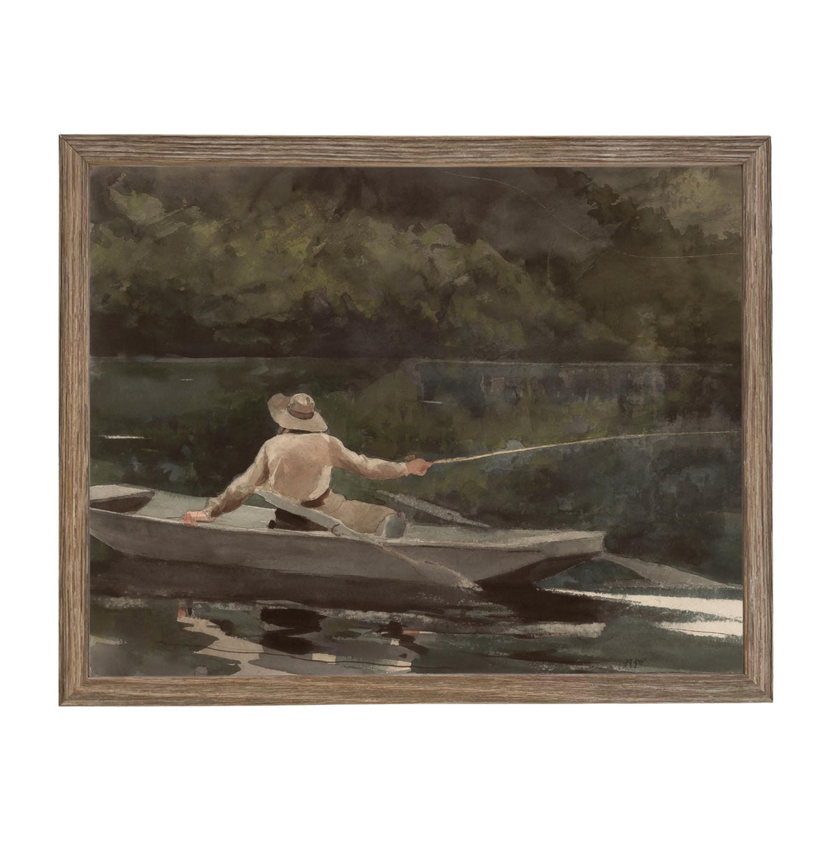Framed Canvas Fishing Lake Landscape Print: Vintage Cabin Art #CAB-101