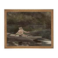 Framed Canvas Fishing Lake Landscape Print: Vintage Cabin Art #CAB-101