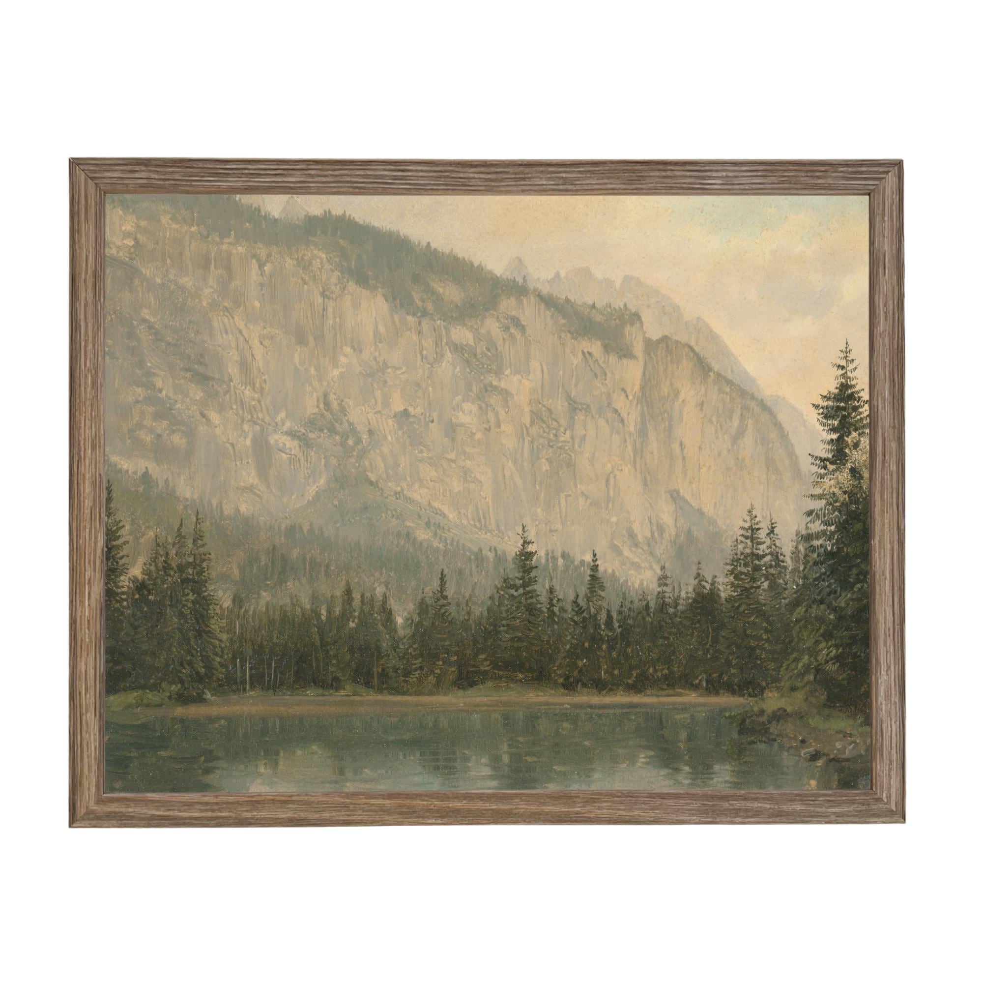 Framed Canvas Lake House Print: Vintage Cabin Landscape Art #CAB-102