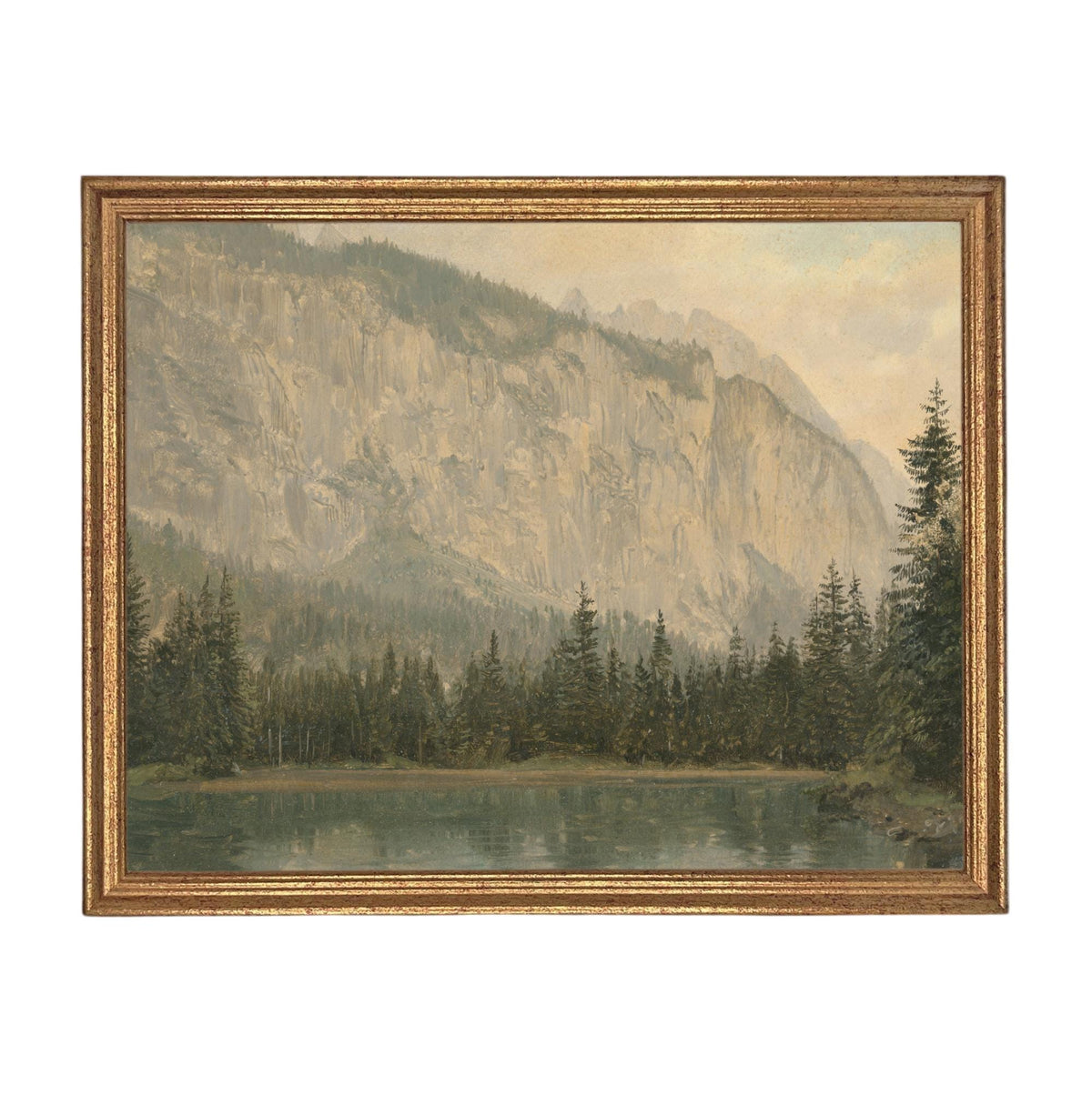 Framed Canvas Lake House Print: Vintage Cabin Landscape Art #CAB-102