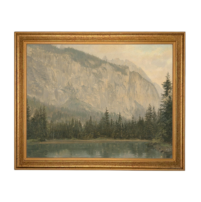 Framed Canvas Lake House Print: Vintage Cabin Landscape Art #CAB-102