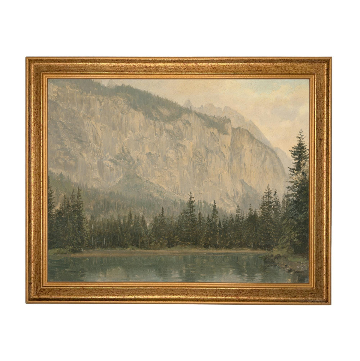 Framed Canvas Lake House Print: Vintage Cabin Landscape Art #CAB-102