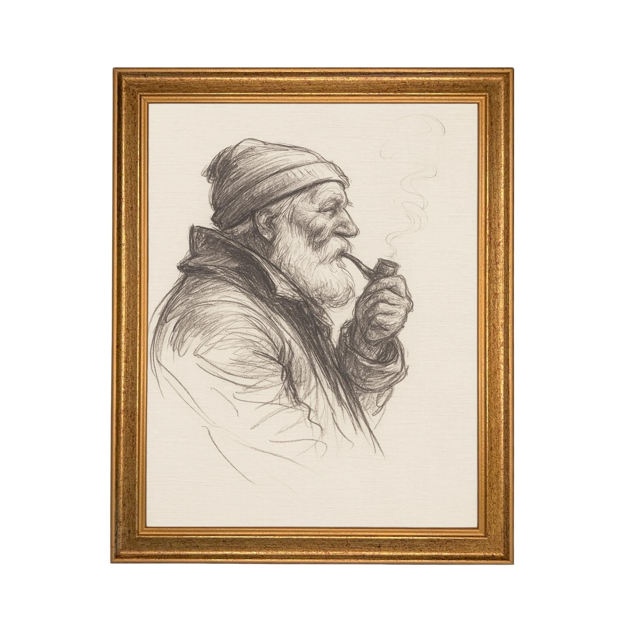 Framed Vintage Fisherman Sketch- Neutral Cabin or Lake Art #CAB-104