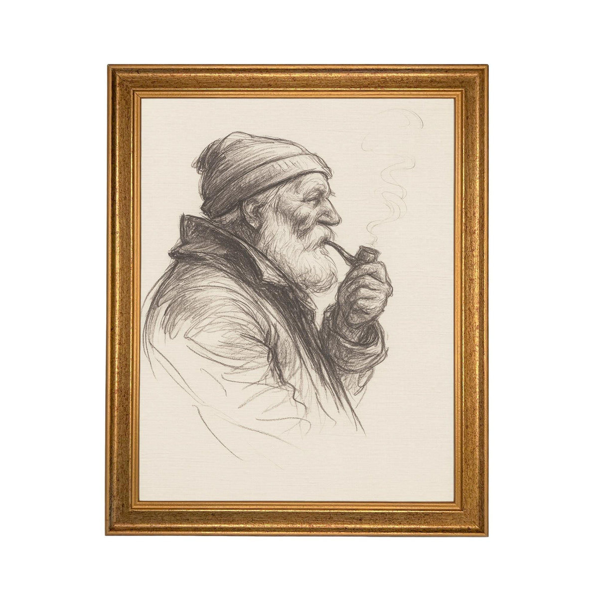 Framed Vintage Fisherman Sketch- Neutral Cabin or Lake Art #CAB-104