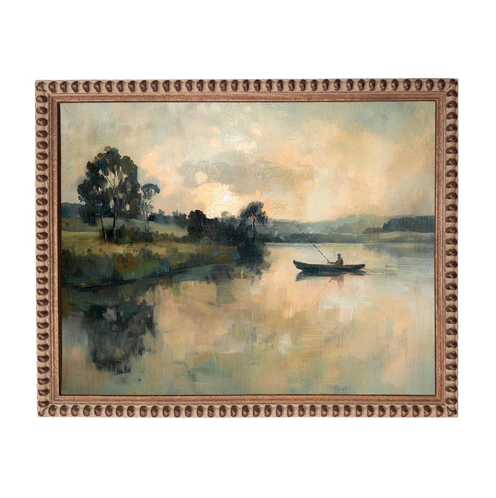 Framed Vintage Fisherman Print on Canvas: Lake House Cabin Art #CAB-109