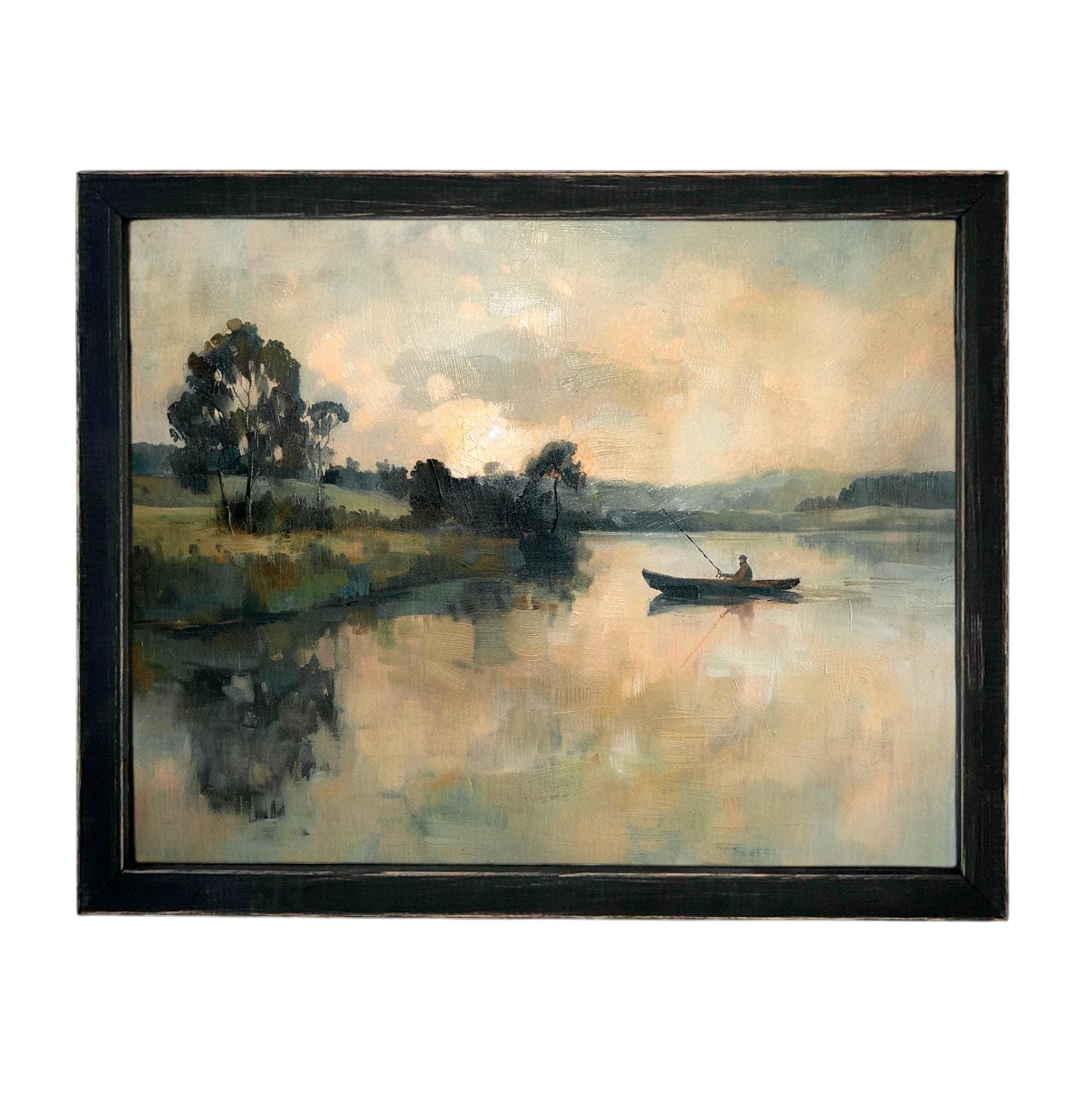 Framed Vintage Fisherman Print on Canvas: Lake House Cabin Art #CAB-109