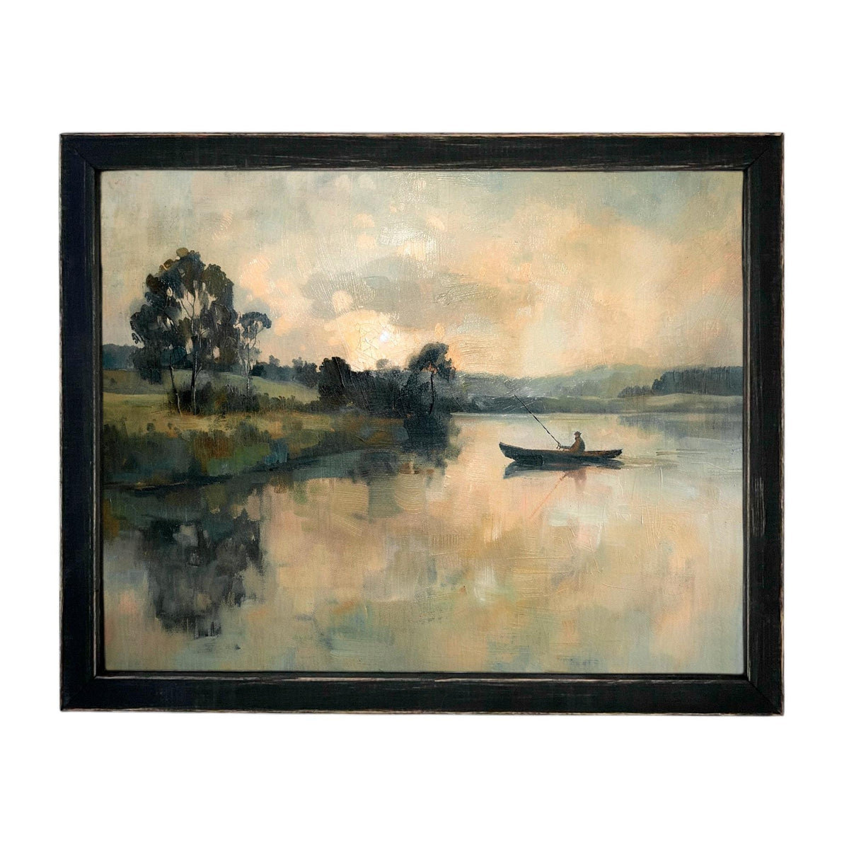READY to SHIP 18X24 Framed Vintage Fisherman Print on Canvas: Lake House Cabin Art #CAB-109