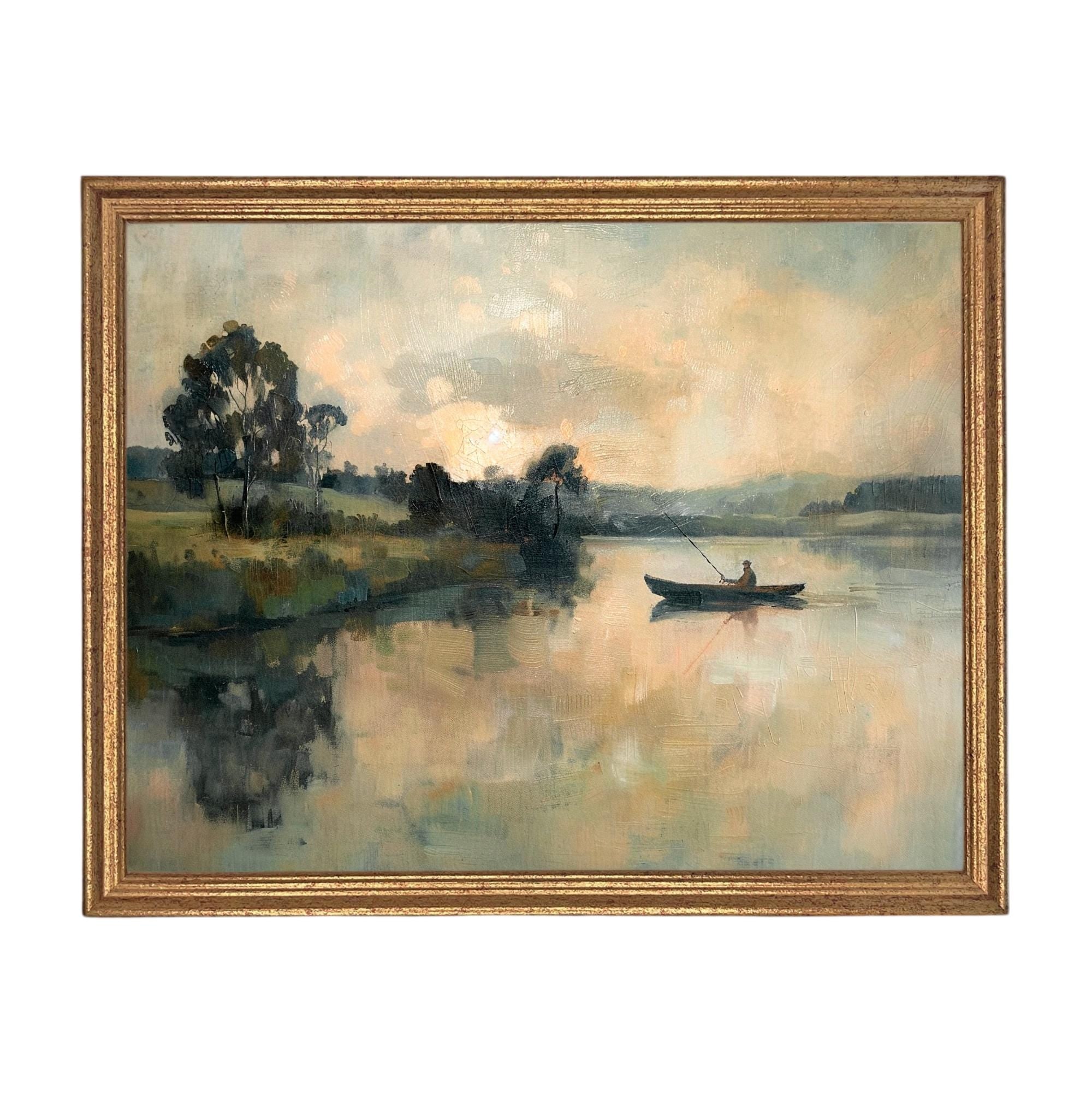 Framed Vintage Fisherman Print on Canvas: Lake House Cabin Art #CAB-109