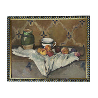 The image is a painting of a still life arrangement, featuring a vase, a cup, and various fruits such as apples and oranges, all placed on a table.