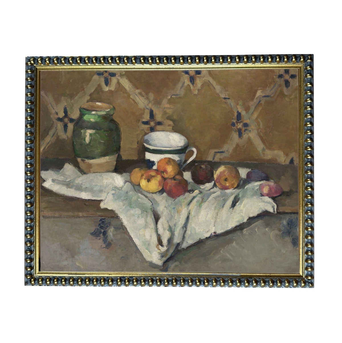The image is a painting of a still life arrangement, featuring a vase, a cup, and various fruits such as apples and oranges, all placed on a table.