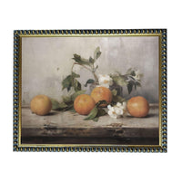 A still life painting of several oranges and white flowers arranged on a wooden surface.
