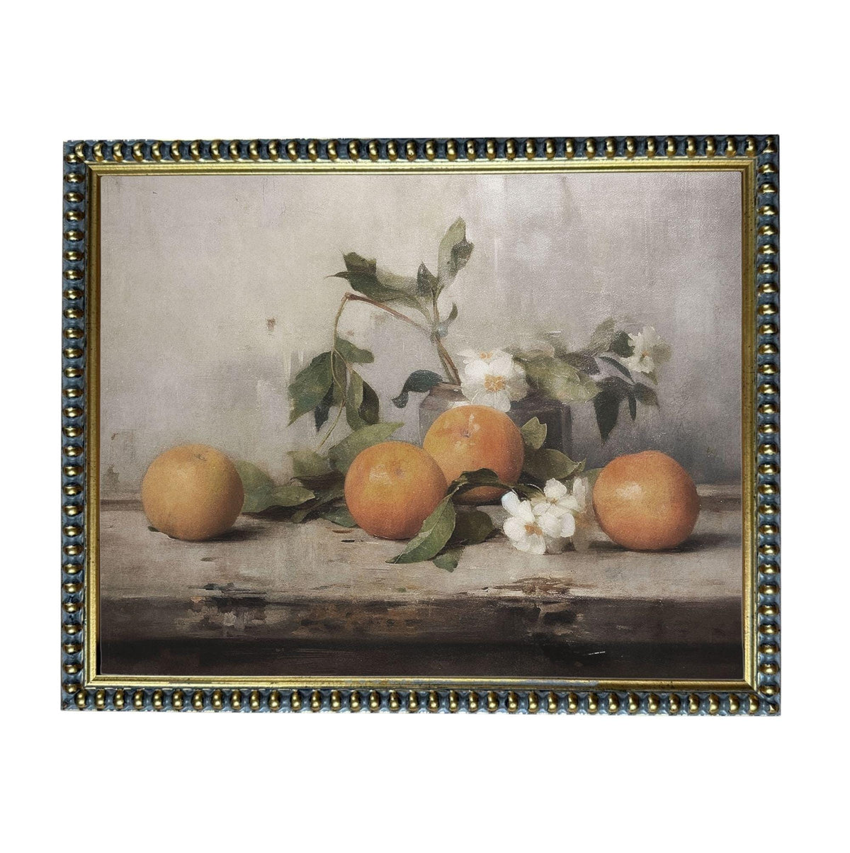 A still life painting of several oranges and white flowers arranged on a wooden surface.