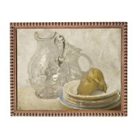 The image is a still life painting featuring a glass pitcher and a stack of plates with a pear resting on one of the plates.